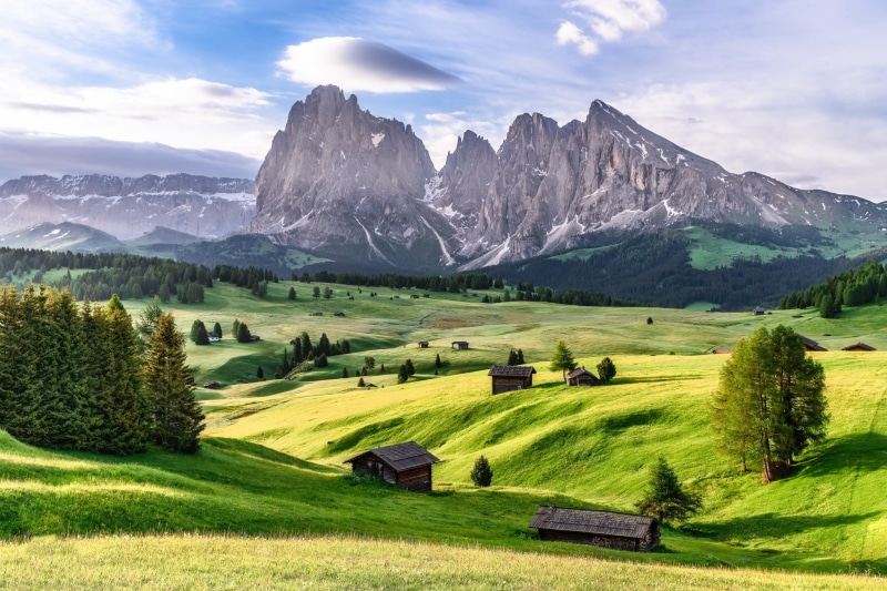 scenics - nature, environment, snowcapped mountain, tree, grass, no people, rural scene, Alps, green color, non-urban scene, dolomite alps, mountains, landscape