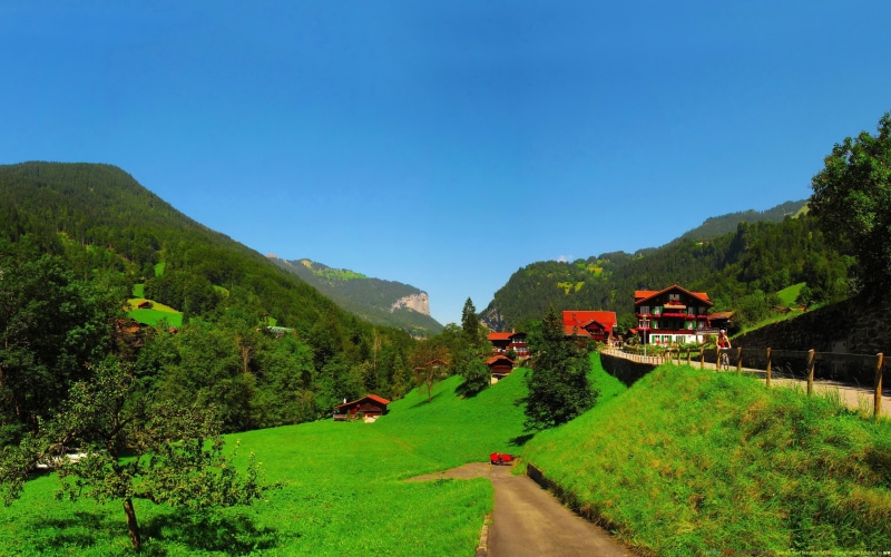 2K, Bern, Mountains, Scenery, Trees, Countryside, Lauterbrunnen, Switzerland, Houses, grass, green