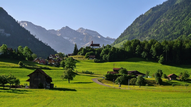 Switzerland, Grass, Valley, Alps, House, Road, Mountains, 1080P, Trees