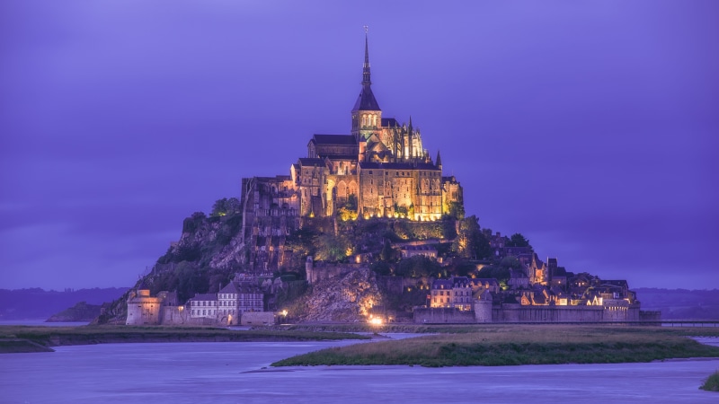mont saint-michel, europe, monastery, abbey, island, dusk, mont saint michel, sky, 4K, evening, historic site, normandy, landmark, france, mont saint michel abbey