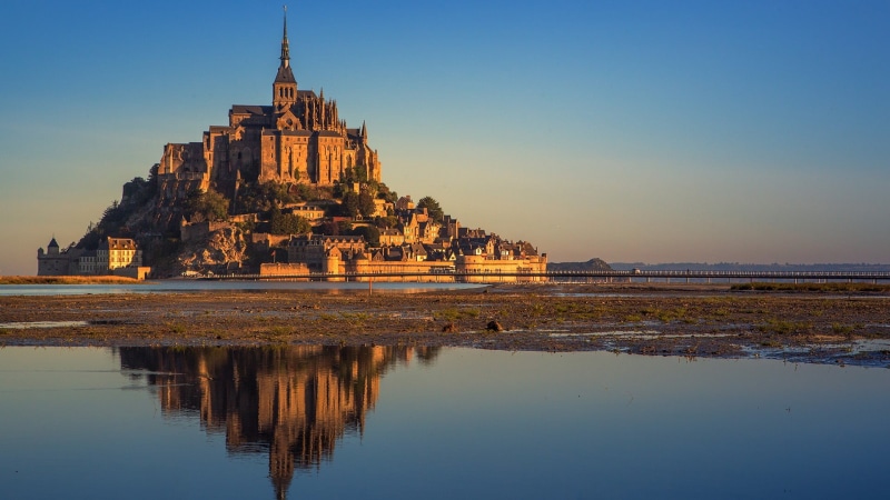 clear sky, high tide, France, Abbey, Mont-Saint-Michel Bay, bay, 1080P