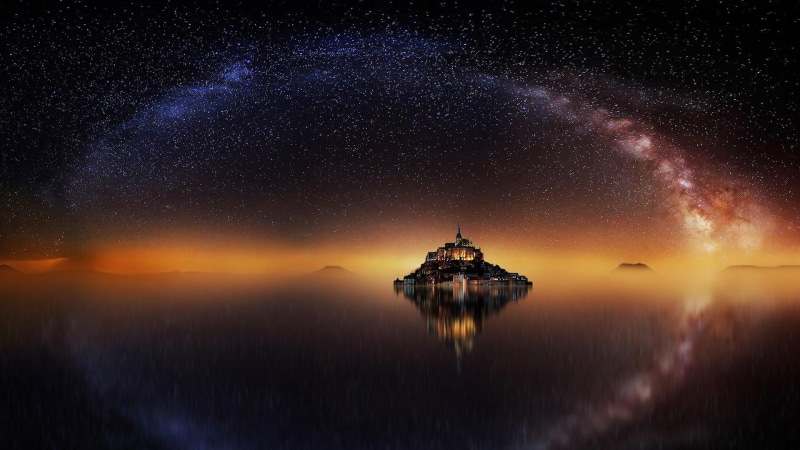 water, phenomenon, monastery, astronomy, outdoors, couesnon river, nature, milky way, space, tranquility, universe, reflection, architecture, star - space