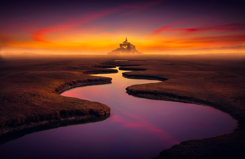 nature, sky, Mont Saint-Michel, clouds, horizon over water, travel destinations, castle, environment, sunset, river, cloud - sky, sea, scenics - nature