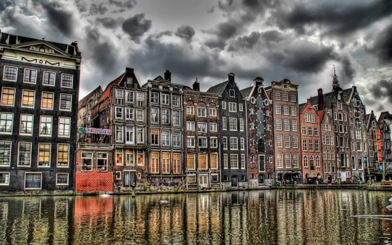 no people, outdoors, reflection, sky, storm, old building, storm cloud, HDR, apartment, water, residential district, waterfront, city, row house, building exterior