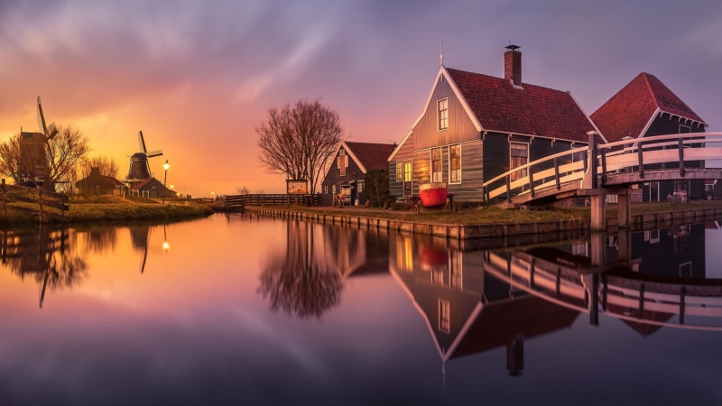netherlands, europe, 4K, zaandam, reflection, evening, zaanse schans, tourist attraction, canal, windmill