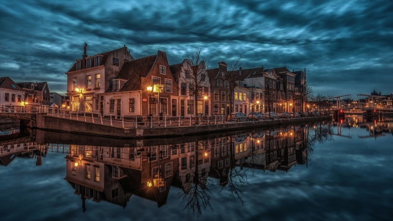 canal, tourist attraction, reflection, dusk, netherlands, cityscape, cloudy, europe, netherland, evening, haarlem, 1080P