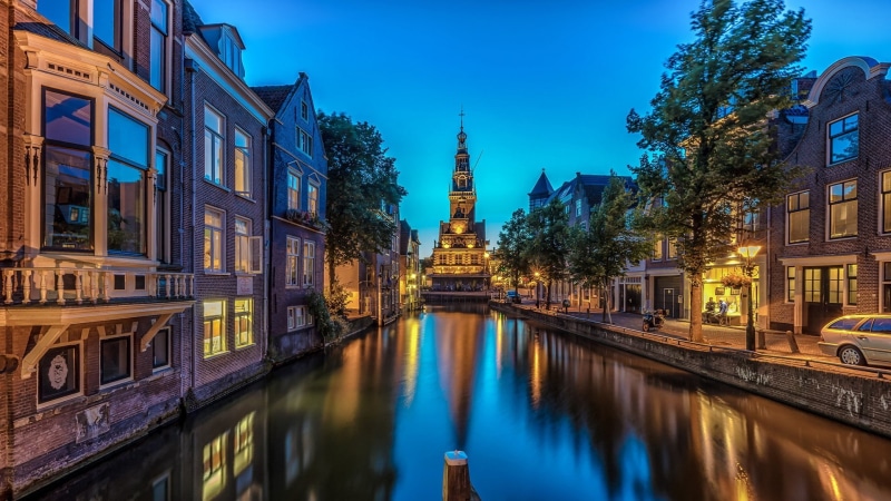 nature, travel destinations, canal, sky, tourism, weigh building, waterway, water, alkmaar, illuminated, no people, blue, netherlands, waag, dusk, tourist attraction