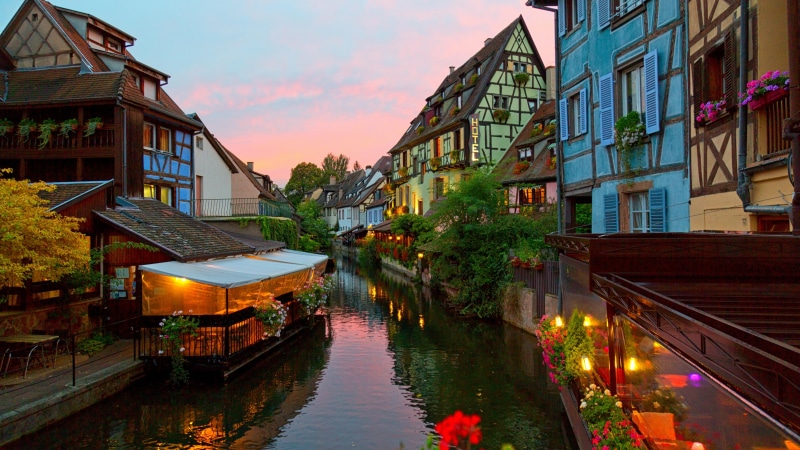 colmar, neighbourhood, little venice, france, sky, town, 4K, reflection, lauch, waterway, canal, water, europe, city, la petite venise, evening