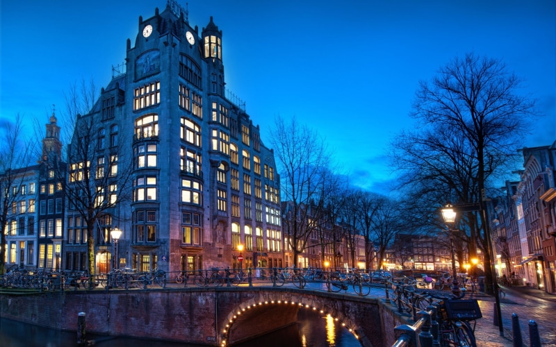 sky, 2K, no people, canal, urban, city life, city, transportation, architecture, building, street, blue, bridge, night, built structure, travel destinations