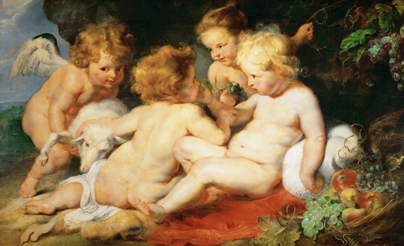 4K, mythology, Pieter Paul Rubens, group of people, Baby Jesus John the Baptist and Two angels, men, hairstyle, religion, males, shirtless, portrait, picture