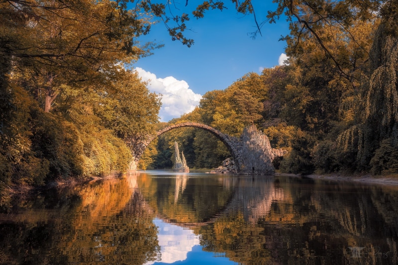 Azalea and Rhododendron Park Kromlau, lake Rakott, autumn, reflection, Germany, bridge, Rakotz Lake, lake, Rakotzbrücke, Park Kromelow, Kromelow, Devils Bridge