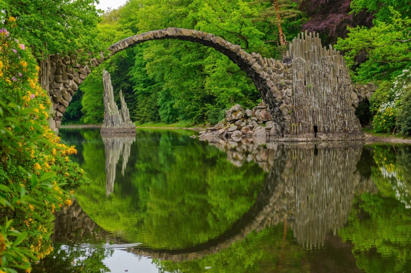 bridge, Germany, bridge Rocketspace, no people, architecture, 5K, trees, Kromlau, Kromelow, built structure, Rakotzbrücke, day, reflection, Park Kromelow