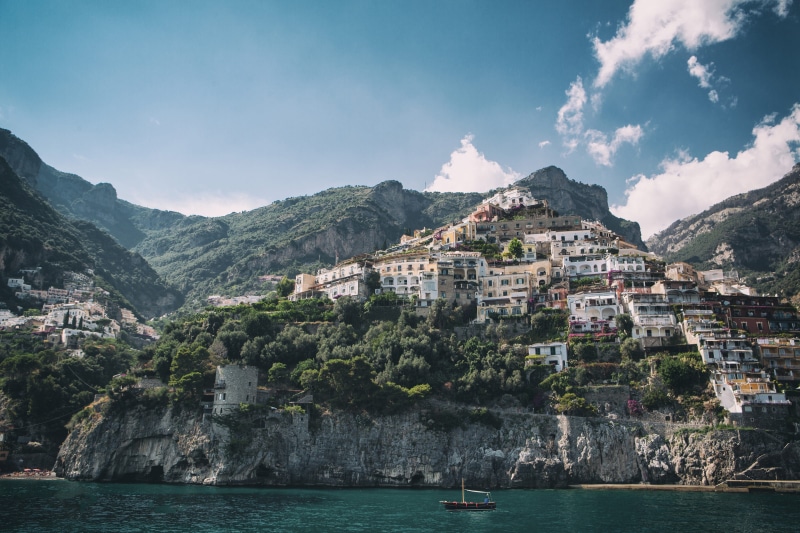 ocean, Italy, landscape, castle, residential district, building, color Image, clouds, 4K, cityscape, amalfi, Positano, mountain, building exterior, town