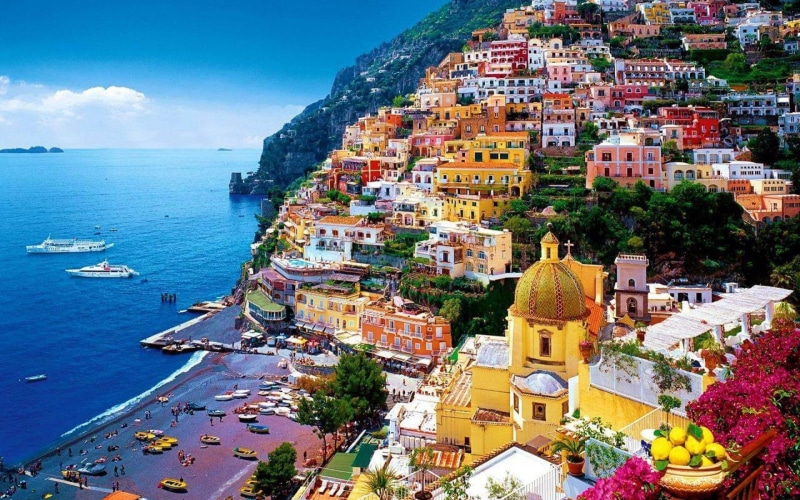 coast, water, land, built structure, crowded, nautical vessel, residential district, italy, nature, architecture, crowd, amalfi, building exterior