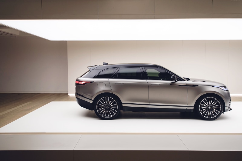 sports car, wheel, parking, luxury, car, shiny, consumerism, Range Rover Velar, travel, indoors, motor vehicle, no people, stationary, transportation, gray