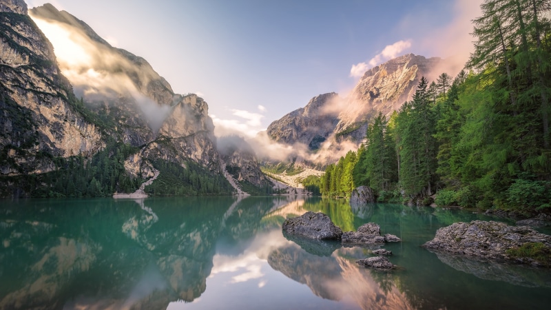 morning, south tyrol, dolomites, reflection, tree, italy, lake prags, mountain, water, prags dolomites, mountain range, braies, lake, nature, wilderness