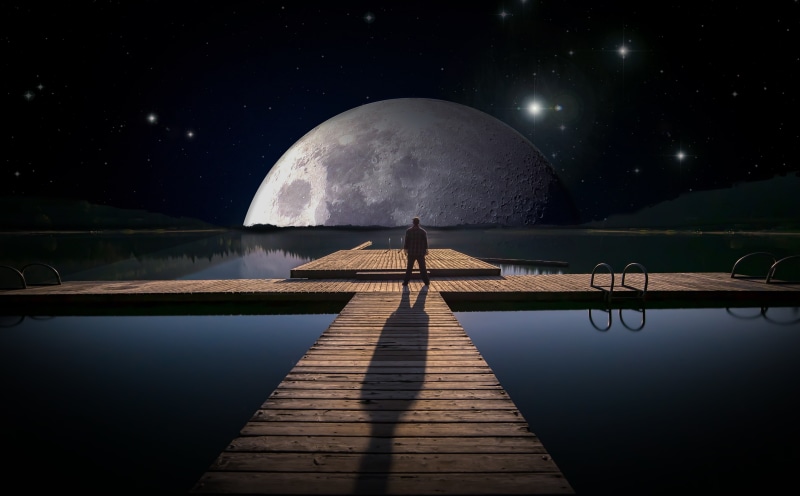 sky, moonlight, full moon, facing, scenics - nature, galaxy, romance, clouds, space, lake, moon, wood - material, dock, mystical, fairy tales, star - Space
