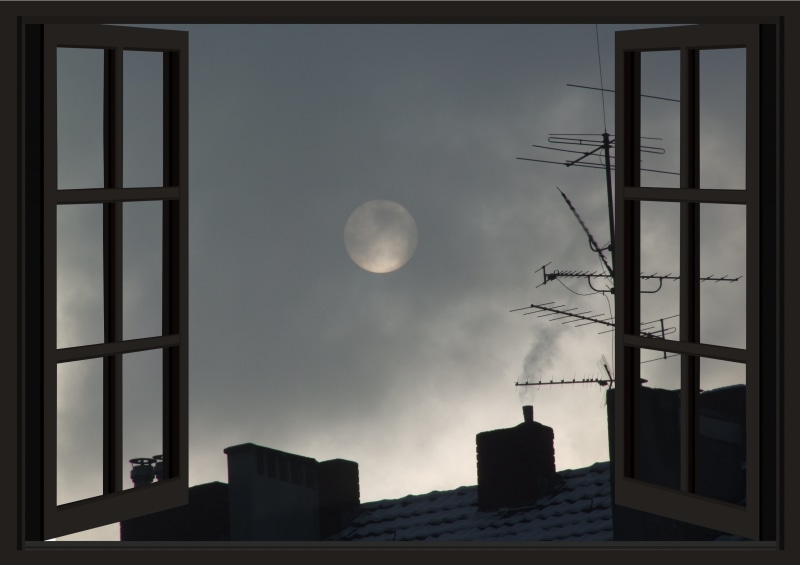 window frames, sleep, glass, mystical, natural spectacle, dawn, bedroom, gespenstig, light, moonlight, two, smoke, snow, nature, moon, open, dusk, satellite
