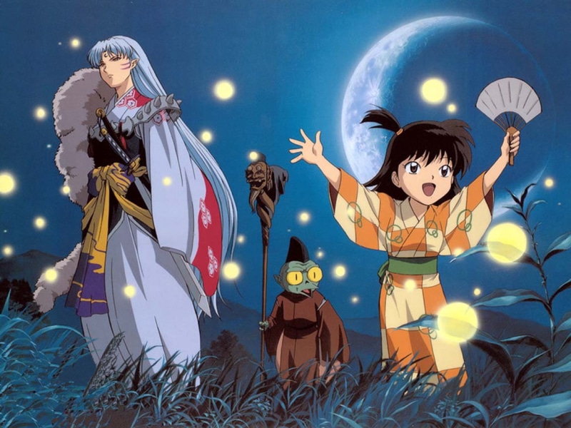 fan, Inuyasha, art, anime, night, Moon, 480P, hd