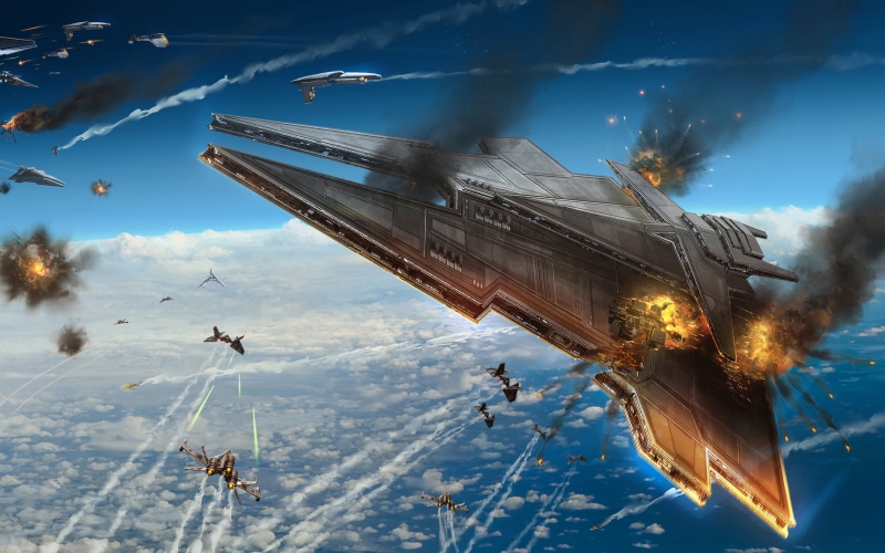 sky, smoke - physical structure, plane, on the move, low angle view, flying, transportation, mid-air, Star Wars, speed, destroyer, air vehicle