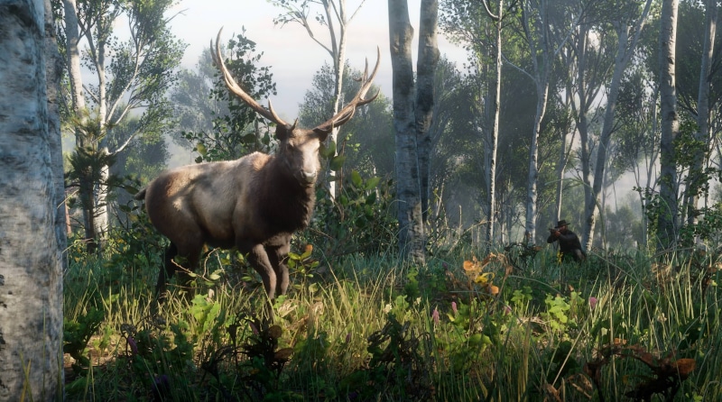 plant, animal, land, field, deer, video games, herbivorous, animal themes, day, grass, domestic animals, Red Dead Redemption 2, tree, no people, growth