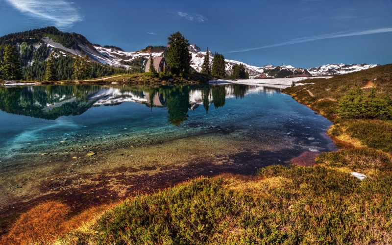 tranquility, mountain, lake, non-urban scene, mountain range, beside, day, snowcap, reflection, plant, HDR, sky, snowcapped mountain, nature, 2K, tranquil scene