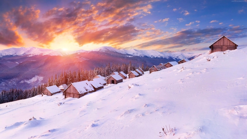 cabin, landscape, town, sky, log, snowy, white color, tranquility, sunset, sun, scenics - nature, snowcapped, cloud, cloud - sky, cold temperature, sunlight