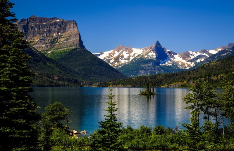 Rocky Mountains, turquoise colored, mountain, mountain peak, Glacier National Park, 1080P, Wild Goose Island, outdoors, environment, snowcapped mountain