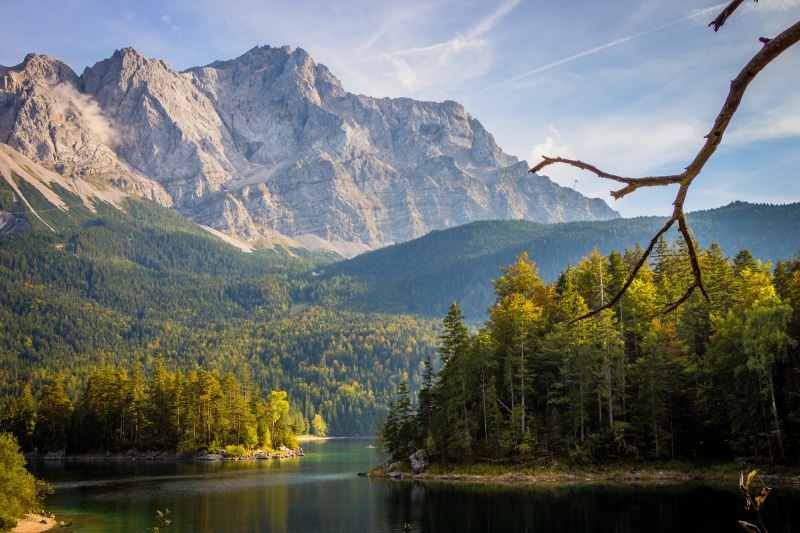 waterfront, nature, daytime, alps, change, idyllic, fir, outdoors, across, white, mountain range, larch, zugspitze, formation, no people, tranquil scene
