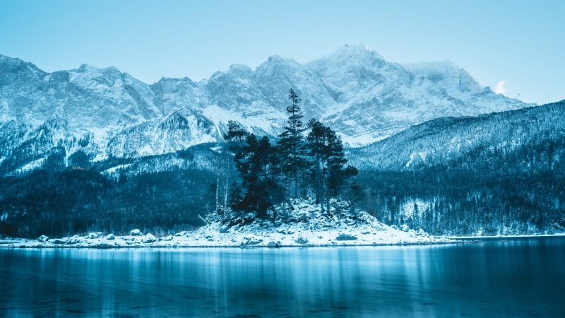 idyllic, scenics - nature, snow, alpine, winter, zugspitze, mountain, snowcapped mountain, bavaria, tranquil scene, waterfront, view into land, cold temperature