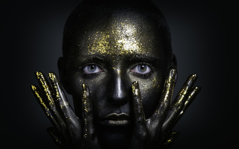 digital composite, front view, model, women, one person, 1080P, studio shot, body paint, black background, body part, dark, headshot, human face, portrait