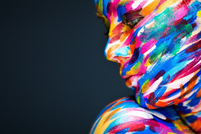 colorful, 1080P, women, model, body paint, face