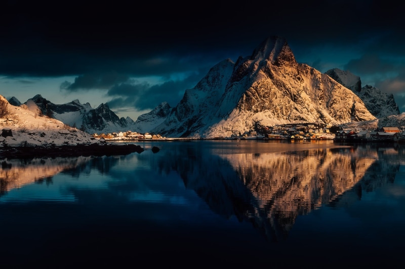 white, solid, idyllic, scenics - nature, 720P, sky, Lofoten, mountain, tranquil scene, dark, snowcapped mountain, rock - object, cloud - sky, reflection