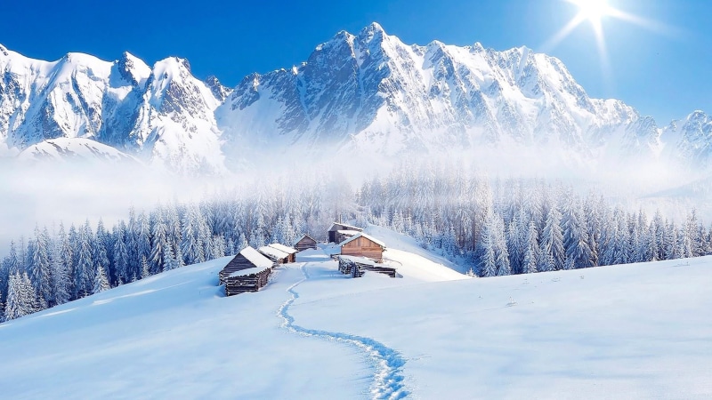 tree, log cabin, day, snow, blue sky, snowcapped mountain, scenics - nature, village, ski holiday, hoarfrost, mountain range, mountain village, sport, winter