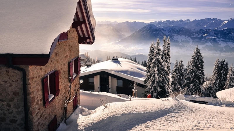 muntain village, 4K, winter, mountain, houses, frozen, building exterior, nature, city, sky, cold temperature, building, residential district, house, beauty in nature