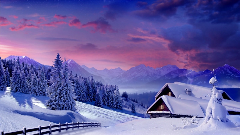 sky, pine tree, tree, 4K, scenics - nature, alps, landscape, mountain range, rural scene, cold temperature, winter, building, land, architecture, snowcapped mountain