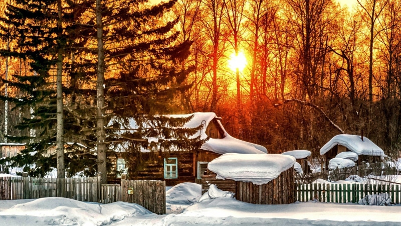snow, winter, sunset, log cabin, tree, house, nature, water, sunlight, pine, fence, wood, 1080P, snowy, evening