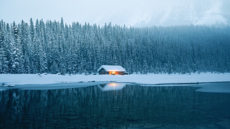 cabin, lake, snow, house, ice, trees, 1080P, winter