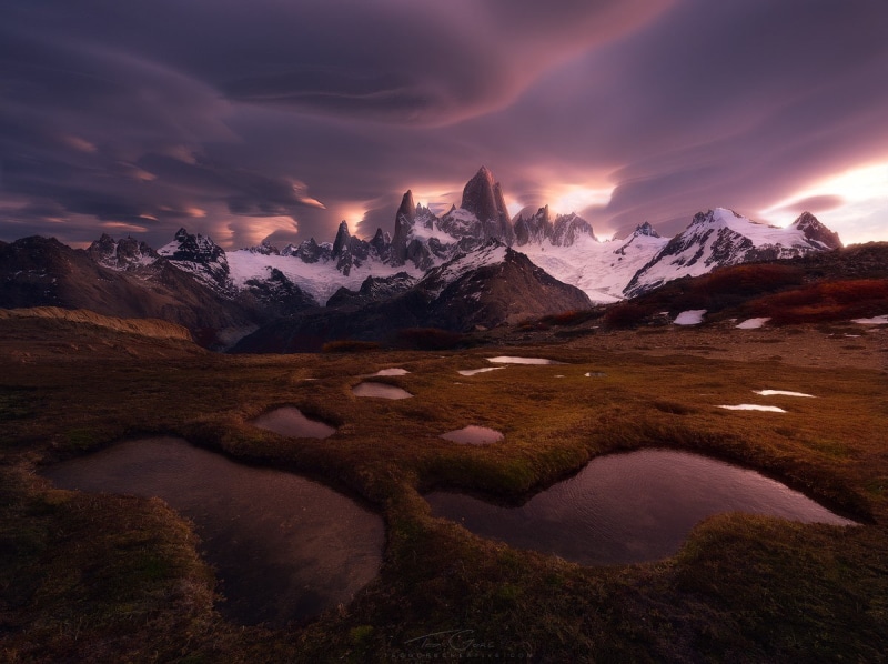 Chile, mountain range, 480P, sky, landscape, snowy peak, winter, Fitz Roy, scenics - nature, mountain peak, tranquility, water, sunset, mountains, snowcapped mountain