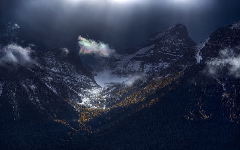 tranquil scene, mountain, tree, Banff National Park, mountain range, sun rays, land, Canada, landscape, mountain peak, beauty in nature, no people, non-urban scene