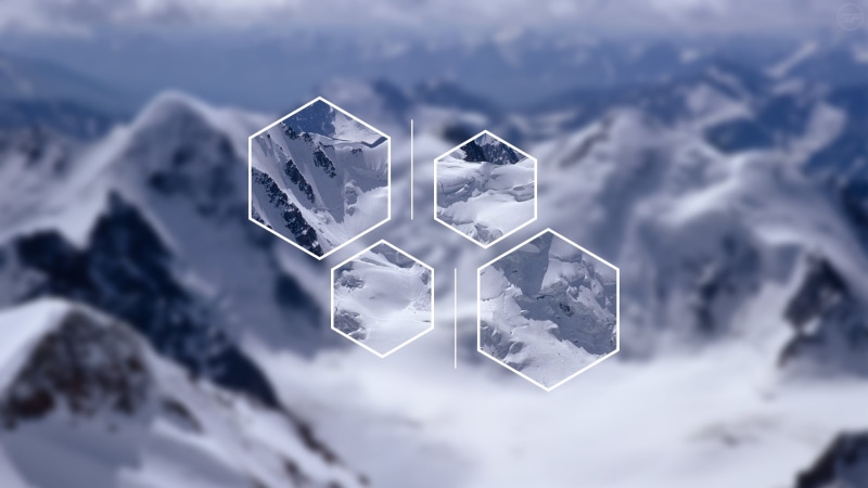 nature, beauty in nature, focus on foreground, collage, solid, cold temperature, ice, no people, mountain, hexagon, frozen, winter, day, digital art, outdoors