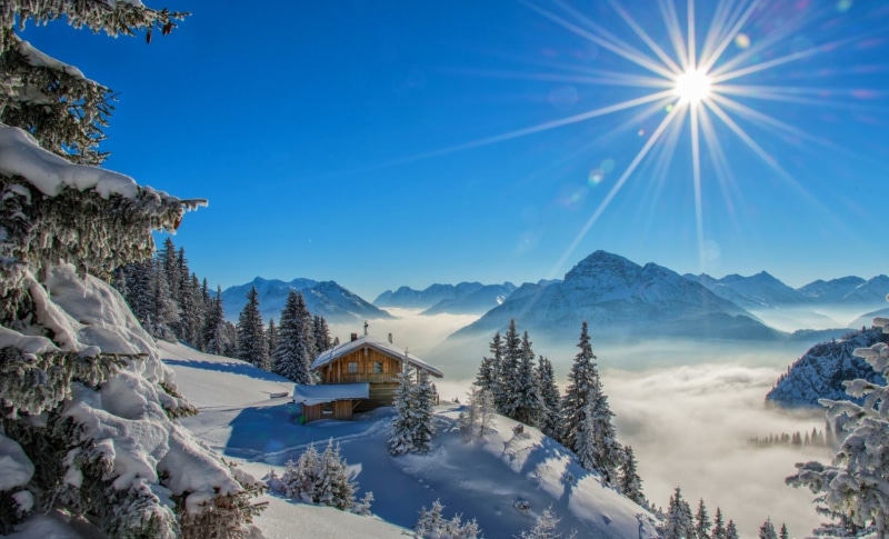 blue, sun rays, winter, cold temperature, 720P, mountain, cottage, bright, tranquility, mountain range, beauty in nature, environment, snow, nature, tree