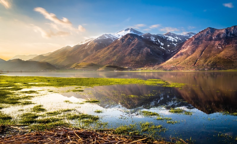 water, 1080P, idyllic, reeds, snowy peak, nature, mountains, beside, tranquil scene, scenics - nature, lake, cloud - sky, mountain peak, sky, tranquility