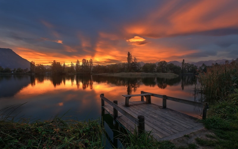 white, sunset, tranquility, concrete, no people, landscape, idyllic, orange color, lake, sky, nature, clouds, non-urban scene, France, water, outdoors