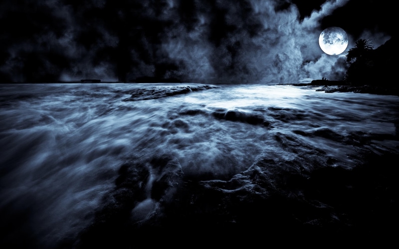 nature, rise, 2K, misty, 3d and abstract, moon, ocean, moonrise, dark, beautiful, cloudy