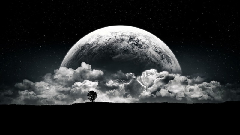 silhouette, space, trees, 1080P, land, moons, landscapes, stars, hd, planets, art, fantasy, cosmos, Clouds, moonrise