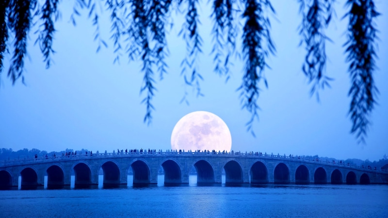 moonrise, Summer Palace, China, Beijing, lake Kunming, seventeen arch bridge, 1080P
