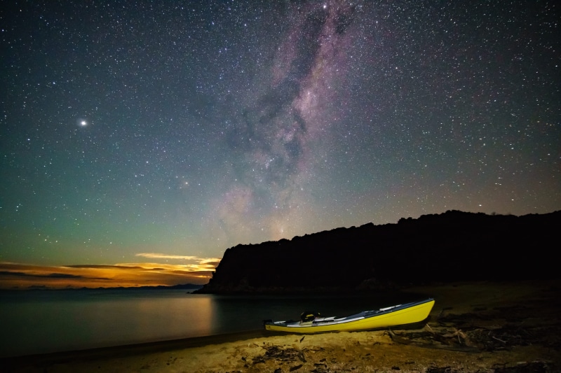 moonrise, scenic, kayak, milky way, land, water, nature, ocean, no people, tranquil scene, galaxy, idyllic, 5K, bay, star - space, abel tasman, outdoors