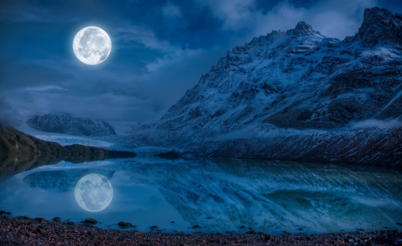 cloud - sky, Moonrise, astronomy, Winter, sky, Water, Sun and Sky, full, cold temperature, Clouds, Nature, Lake, landscape, snow, mountain, digital composite