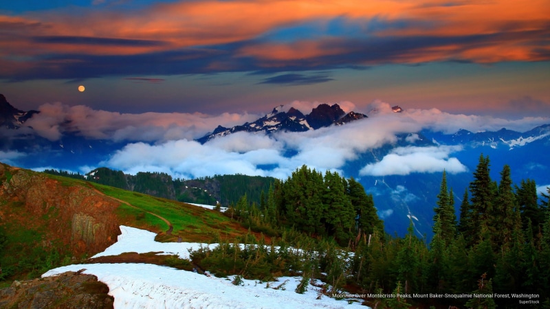 peaks, baker, 2K, Mountains, snoqualmie, forest, national, washington, mount, montecristo, moonrise